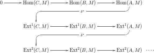  --------             --------            --------
0         Hom (C, M )         Hom  (B,M  )         Hom (BAC, M )
                 ----------------- &delta;&lowast; -----------------
               GF
               |
          Ext1(C, M ) --------Ext1 (B,M  )-------- Ext1(A, M )
                                                       BC
                 ----------------- &delta;&lowast; -----------------
               GF
             2 |                  2                   2
          Ext (C, M ) --------Ext  (B,M  )-------- Ext (A, M )  &sdot;&sdot;&sdot;&sdot;
