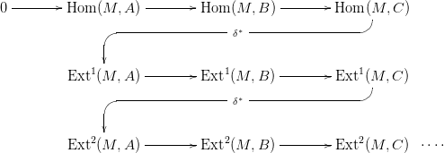   --------            --------            --------
0         Hom  (M,  A)         Hom  (M, B )         HomB(CM, C )
                 ----------------- &delta;&lowast; -----------------
               |GF
               |
          Ext1(M,  A) --------Ext1 (M, B )-------- Ext1(M, C )
                                                      BC-
                 ----------------- &delta;&lowast; -----------------
               |GF
              2|                  2                   2
          Ext (M,  A) --------Ext  (M, B )-------- Ext (M, C )  &sdot;&sdot;&sdot;&sdot;
