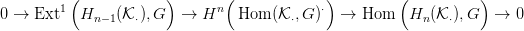         1(             )      n(            &sdot;)         (          )
0 &rarr;  Ext   Hn &minus;1(K&sdot;),G   &rarr;  H   Hom  (K &sdot;,G )  &rarr;  Hom    Hn (K&sdot;),G  &rarr;  0
