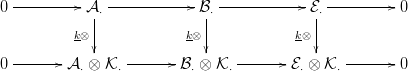 0 ----------A &sdot;------------B &sdot;------------ E&sdot;----------0
             |              |              |
          k&otimes; |            k&otimes;|            k&otimes;|
  -------         -------        -------        -------
0        A &sdot; &otimes; K&sdot;        B&sdot; &otimes; K&sdot;        E&sdot; &otimes; K&sdot;        0
