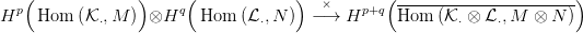   p(             )    q(             )  ×    p+q(-----------------------)
H    Hom  (K&sdot;,M ) &otimes;H     Hom  (L&sdot;,N )  &minus;&rarr;  H     Hom   (K &sdot; &otimes; L &sdot;,M &otimes; N )
                                                                     

                                                                     
