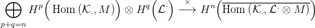  &oplus;      (             )       (  )        ( -----------------)
     Hp   Hom  (K ,M  ) &otimes;  Hq  L&sdot;  &minus;×&rarr;  Hn   Hom  (K ,L &sdot; &otimes; M )
                  &sdot;                                &sdot;
p+q=n
