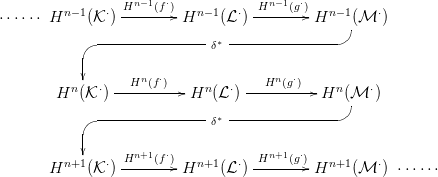 &sdot;&sdot;&sdot;&sdot;&sdot;&sdot; Hn &minus;1(K &sdot;) Hn&minus;-1(f&sdot;)-Hn &minus;1(L &sdot;) -Hn&minus;1(g&sdot;) Hn &minus;1(M &sdot;)
                                              BC-
              ---------------&delta;&lowast; ---------------
            GF
            |     Hn(f&sdot;)            Hn (g&sdot;)
        Hn (K &sdot;) ----------Hn (L &sdot;) ----------Hn (M  &sdot;)
              --------------- &lowast; --------------BC-
            GF                &delta;
            |
         n+1   &sdot; Hn+1(f&sdot;)-  n+1   &sdot; -Hn+1(g&sdot;)  n+1    &sdot;  &sdot;&sdot;&sdot;&sdot;&sdot;&sdot;
       H    (K )         H    (L )         H    (M   )
