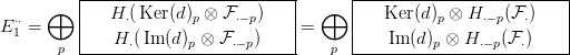           |-------------------------|      |--------------------------|
  &sdot;&sdot;   &oplus;   |  H &sdot;(Ker (d )p &otimes; F &sdot;&minus; p)    |  &oplus;   |   Ker (d)p &otimes; H &sdot;&minus;p(F&sdot;)   |
E 1 =     |                         |=     |                          |
       p  ----H-&sdot;(Im-(d)p &otimes;-F&sdot;&minus;p)-----   p  -----Im-(d)p-&otimes;-H-&sdot;&minus;p(F-&sdot;)-----

