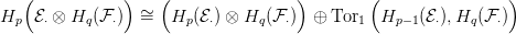    (           )    (                )        (                )
Hp  E&sdot; &otimes; Hq(F &sdot;)  &sim;=   Hp (E&sdot;) &otimes; Hq (F&sdot;)  &oplus; Tor1  Hp &minus;1(E&sdot;),Hq (F &sdot;)
