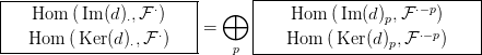 |------------------------|      |---------------------------|
|   Hom  (Im (d)&sdot;,F&sdot;)    |  &oplus;   |   Hom  ( Im (d)p,F &sdot;&minus; p)    |
|   Hom  (Ker (d )&sdot;,F &sdot;)    =      |   Hom  (Ker (d)p,F &sdot;&minus;p)    |
-------------------------    p  -----------------------------
