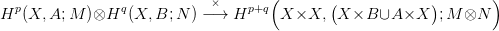   p             q            ×    p+q(       (             )       )
H  (X, A;M  )&otimes;H  (X, B; N )&minus; &rarr;  H     X ×X,   X ×B  &cup;A ×X   ;M &otimes;N
