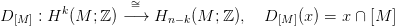          k        &sim;=
D [M ] : H (M  ;ℤ) &minus;&rarr;  Hn &minus;k(M  ;ℤ),  D [M](x) = x &cap; [M  ]

