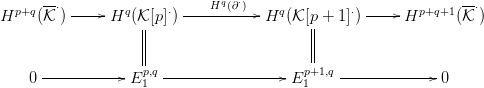       --                     Hq(&part;&sdot;)                             --
Hp+q (K &sdot;) -----Hq (K[p]&sdot;) -----------Hq (K [p + 1]&sdot;) -----Hp+q+1 (K &sdot;)
                   ||                     ||
                   ||                     ||
                   p,q                   p+1,q
    0 ------------E1  ----------------- E1    --------------0
