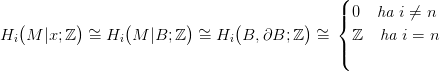                                               (
  (       )      (       )      (        )    |{ 0  ha i &frasl;= n
Hi M  |x;ℤ  &sim;= Hi  M |B; ℤ  &sim;= Hi  B, &part;B; ℤ  &sim;=    ℤ   ha i = n
                                              |(
