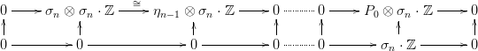  -----            --&sim;=--             -----  ------ -----            -----
0      &sigma;n &otimes; &sigma;n &sdot; ℤ     &eta;n&minus;1 &otimes;|&sigma;n &sdot; ℤ      0      0      P0 &otimes; &sigma;n &sdot; ℤ     0|
|                                         |      |                       |
0----------0 ----------------0 -----------0------0--------&sigma;n &sdot; ℤ--------0