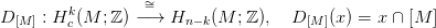 D    : Hk (M  ;ℤ) &minus;&sim;=&rarr;  H    (M  ;ℤ),  D    (x) = x &cap; [M  ]
  [M ]   c              n&minus;k            [M]
