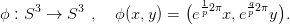 ϕ : S3 &rarr;  S3 ,  ϕ(x, y) = (e1p2&pi;x,eqp2&pi;y).
