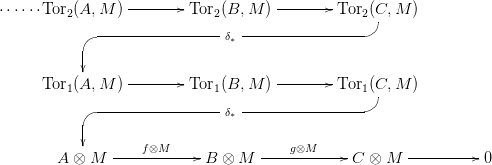 &sdot;&sdot;&sdot;&sdot;&sdot;&sdot;Tor2(A, M ) --------Tor2(B, M  )--------Tor2 (C,M  )
                                                  BC-
            GF -----------------&delta;&lowast;-----------------
            |
                  --------            --------
      Tor1(A, M )         Tor1(B, M  )        Tor1B(CC,M  )
              -----------------&delta;&lowast;-----------------
            GF
            |       f&otimes;M                 g&otimes;M
        A &otimes;  M  ------------B  &otimes; M  ------------C  &otimes; M  ----------0

